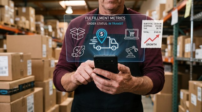 Warehouse worker using mobile phone with glowing digital futuristic interface displaying fulfillment metrics order status delivery truck icons inventory management data graphics