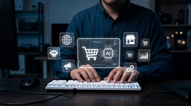 Person typing on computer keyboard surrounded by glowing digital retail shopping icons and artificial intelligence circuit board interface graphics representing e commerce technology