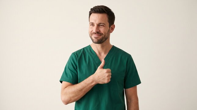 Male Nurse in Forest Medical Green Scrubs Giving Encouraging Nod With Warm Confident Smile and Subtle Thumbs Up Gesture in Clean Studio &mdash; Healthcare Commercial Portrait With Copy Space