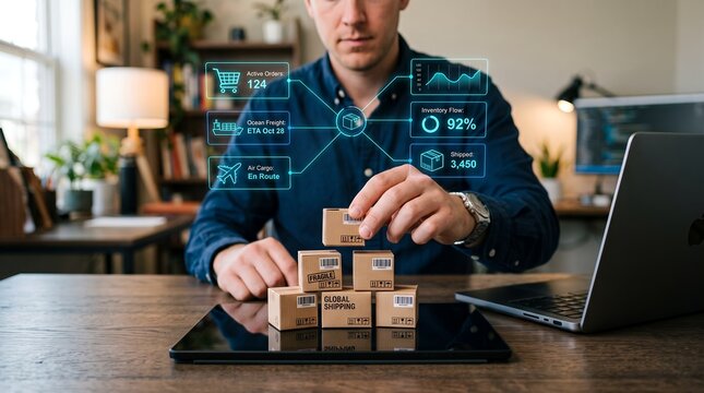 Logistics manager managing global shipping and supply chain operations using digital technology interactive holographic data charts inventory management system and miniature cardboard boxes