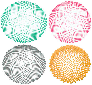 A set of colorful circular phyllotaxis patterns built from swirling dot spirals in a clean abstract 3D style.