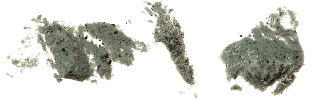 Dirty Melting snow mix with soil dust mud and splash fly in mid air. Dirty snow dust mud explode splash in winter, melt and thawing in spring. White background isolated element