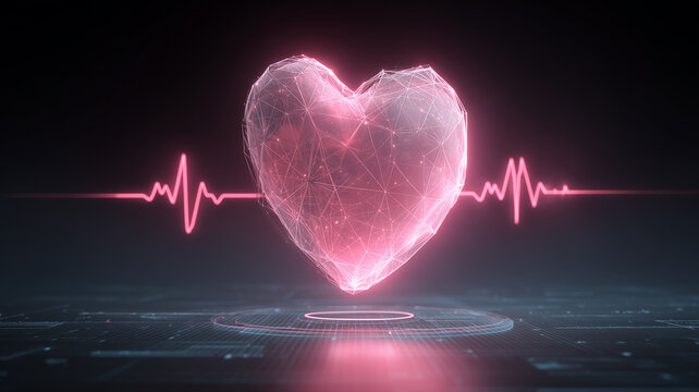 A digital heart with an electrocardiogram waveform representing cardiac monitoring and connected healthcare technology.
