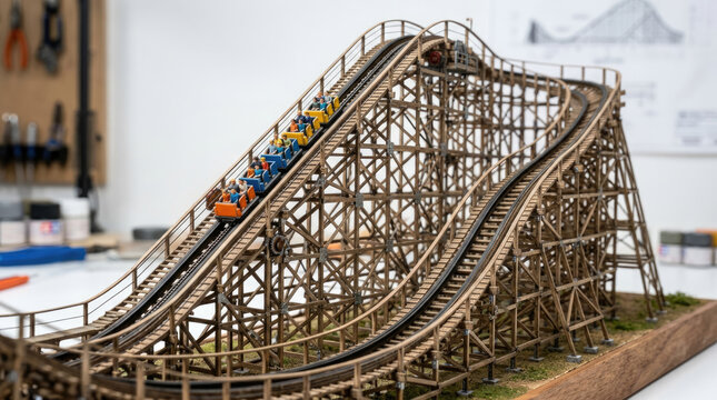 Miniature wooden roller coaster model on a workshop table showcasing creative hobby craft and DIY engineering concept