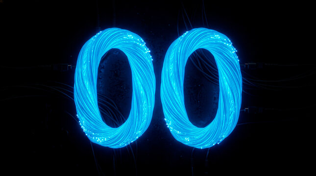 Glowing blue fiber optics form the number 00 against a dark background
