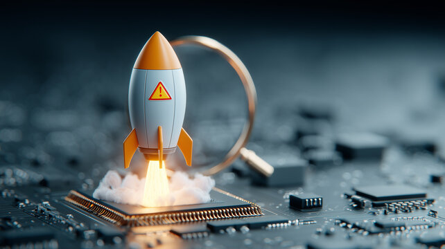 A rocket with a warning symbol launches above a microchip and magnifying glass representing startup risk technology failure and launch assessment.

