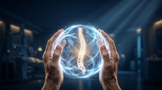Elderly hands holding glowing spine hologram for osteoporosis care