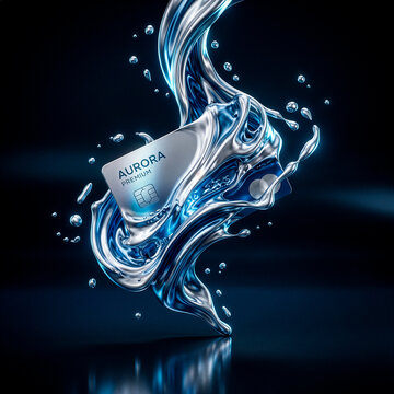 A luxury credit card with the word AURORA PREMIUM printed on it, emerges from a splash of water against a dark background