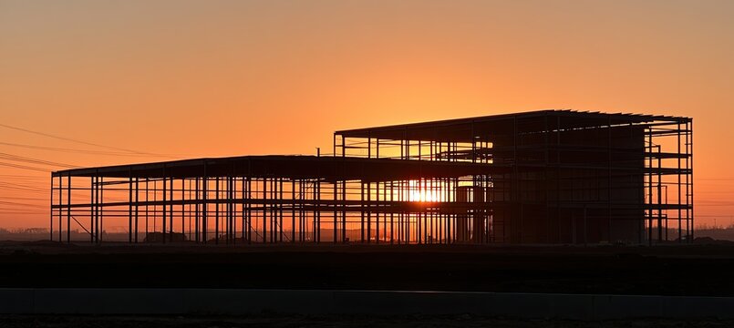 Steel skeleton building under a bright orange sunrise sky