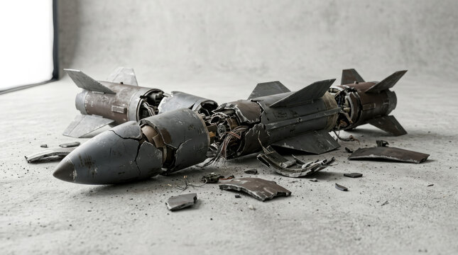 Broken military missile in pieces on a concrete floor, representing failed defense technology and disarmament concept