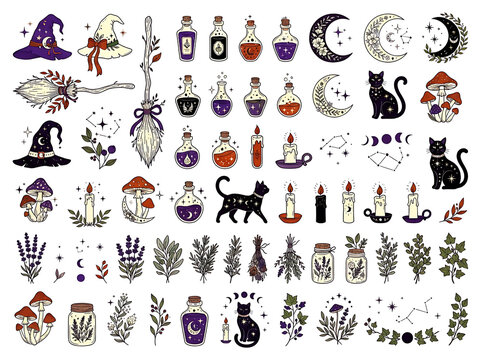 Collection of whimsical witchcraft illustrations with potions hats and celestial elements on a white background