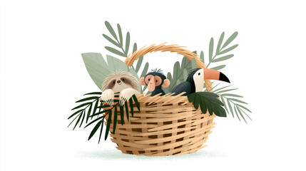 Naklejka premium Whimsical animals in a woven basket surrounded by greenery