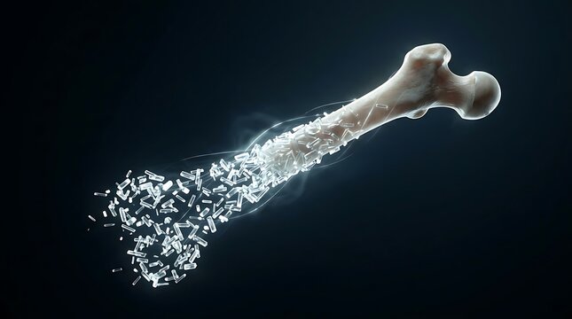 Osteoporosis human femur bone crumbling into small fragments