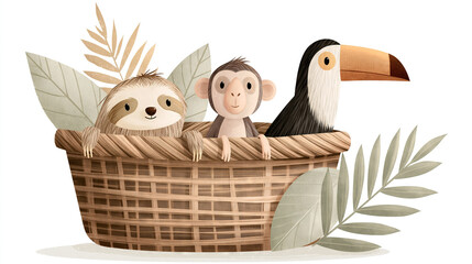 Naklejka premium Sloth, Monkey, and Toucan in a Wicker Basket with Leaves