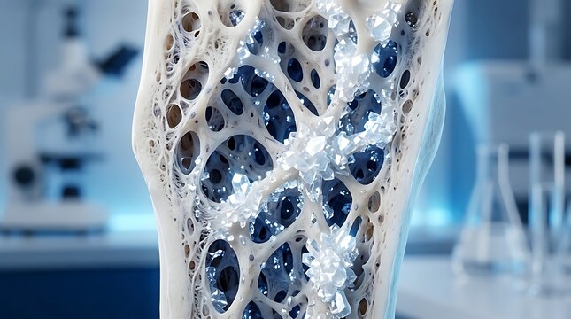 Microscopic view of osteoporosis bone structure with crystals