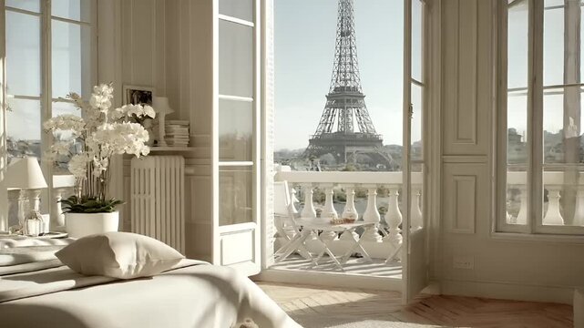 Paris, France, Europe. A detailed, highresolution photograph of a luxurious bedroom with a panoramic view of the Eiffel Tower. The room features a classic design with ornate white furniture.