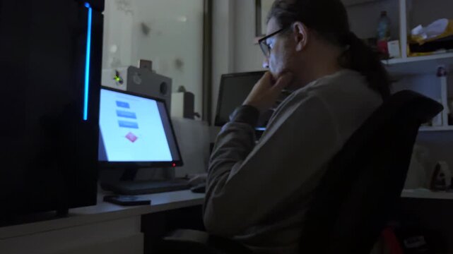 Focused creative professional with glasses working on a computer in a dark office illuminated by the monitor's glow, showcasing deep concentration and creative dedication