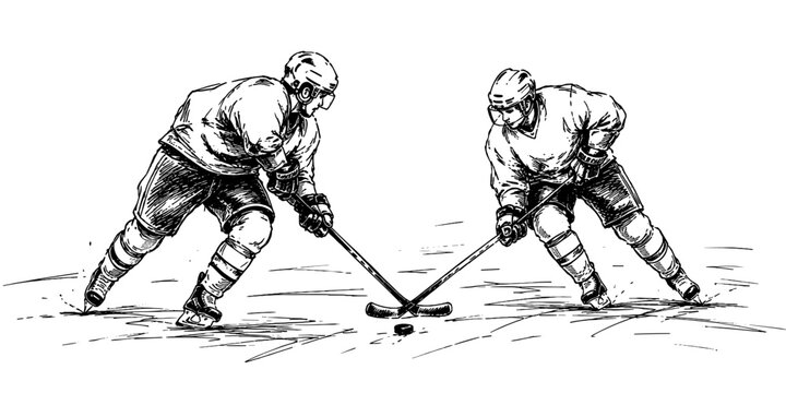 Detailed drawing of two ice hockey players battling for the puck with sticks on an open rink.