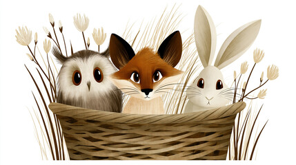 Naklejka premium Whiskered Cat, Fox, and Rabbit Peeking from Wicker Basket