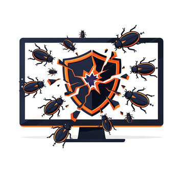 Computer screen with cracked shield and bugs.