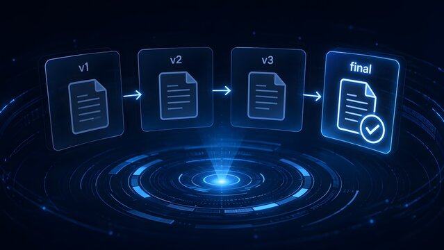 Glowing digital document hologram on futuristic pedestal illustrating version control workflow and final software update release process.