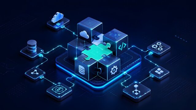 3D glowing puzzle cube with a missing piece highlighting API integration cloud software development and modular system architecture.