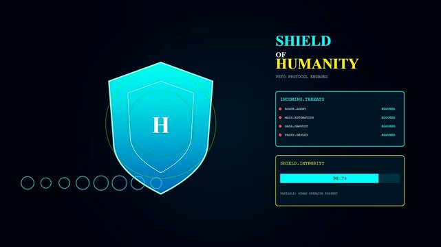 A digital human veto system interface displays security shield graphics with data bars and glowing circular indicators shown in a smooth animated video sequence loop
