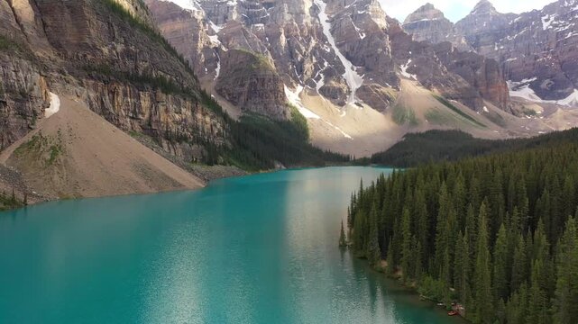 Moraine Lake With Turquoise Water Surrounding Rocky Mountains And Evergreen Forest In Banff National Park Alberta Canada
