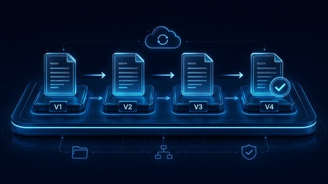 Glowing digital document version control workflow from V1 to approved V4 with cloud sync and data management security icons.