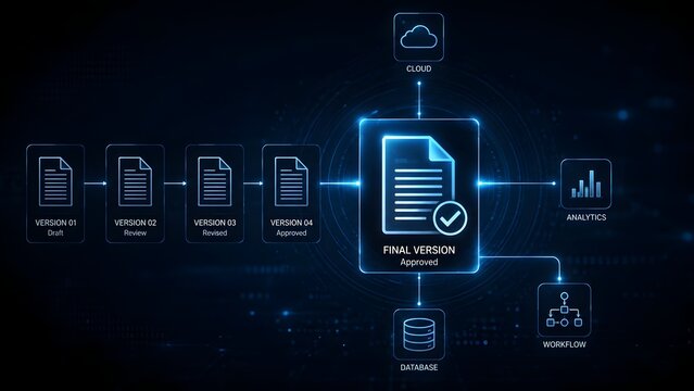 Digital document version control flowchart showing progression from draft to final approved version with cloud and workflow analytics connections.