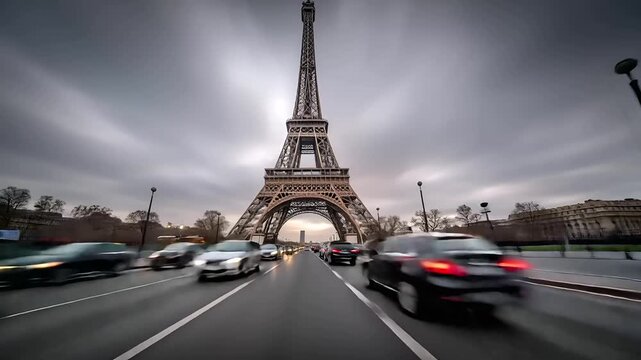 Paris, France, Europe. A longexposure photograph of the Eiffel Tower in Paris, France. The photograph captures the eiffel towers intricate metal framework, with its distinctive lattice pattern.