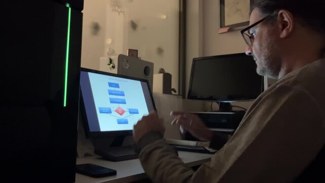 Mature programmer analyzing a problem on a flowchart, working at his desk in a dimly lit office with his face illuminated by the bright computer screen