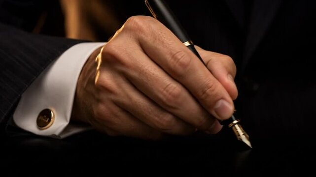 Executive Hand Holding Luxury Black Gold Fountain Pen in Dark Suit with White French Cuff and Gold Cufflink