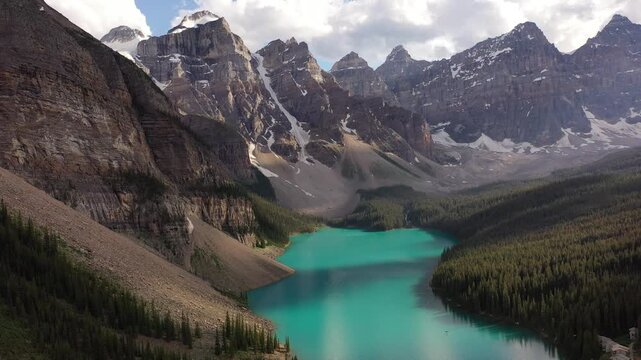 Moraine Lake With Turquoise Water Surrounding Rocky Mountains And Evergreen Forest In Banff National Park Alberta Canada