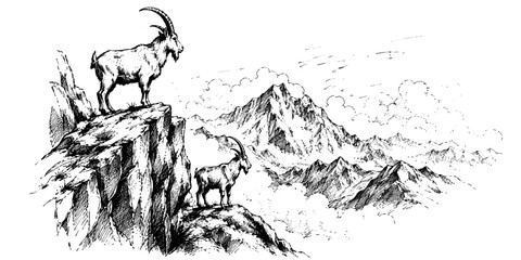 Obraz premium Wild mountain goats occupy rocky ledges above a vast alpine range, creating a rugged wildlife scene with dramatic peaks behind.