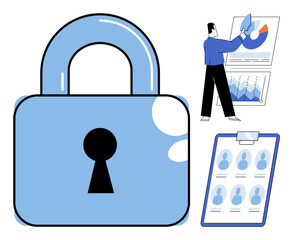 Padlock with business analyst and data charts vector illustration. Cybersecurity, data protection, business strategy, analytics, personnel management, information privacy. Secure lock icon © Dmytro
