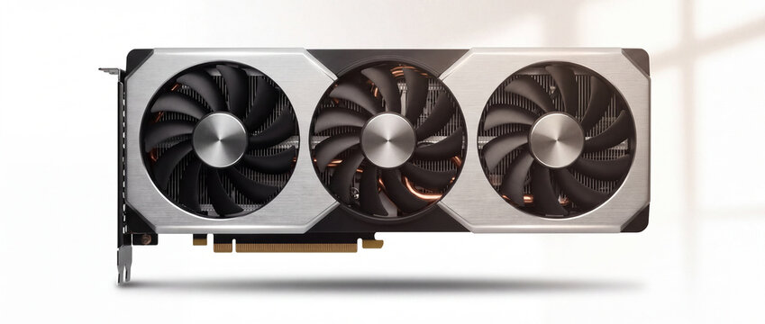 Graphics card with triple cooling fans in brushed aluminum and black casing with copper heat pipes, isolated on white background for pc gaming, hardware upgrade and workstation rendering