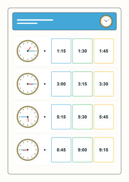 Educational worksheet with analog clocks and multiple choice time matching exercises