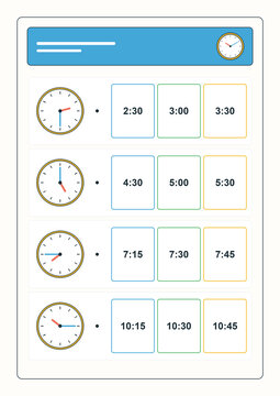 Time matching worksheet with analog clocks and multiple-choice answers for reading hours and half-hours