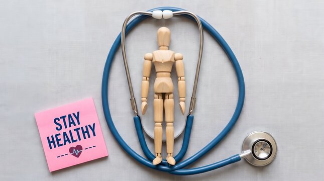 A wooden mannequin figure surrounded by a blue medical stethoscope and a pink sticky note featuring handwritten text stay healthy message representing wellness and healthcare concept