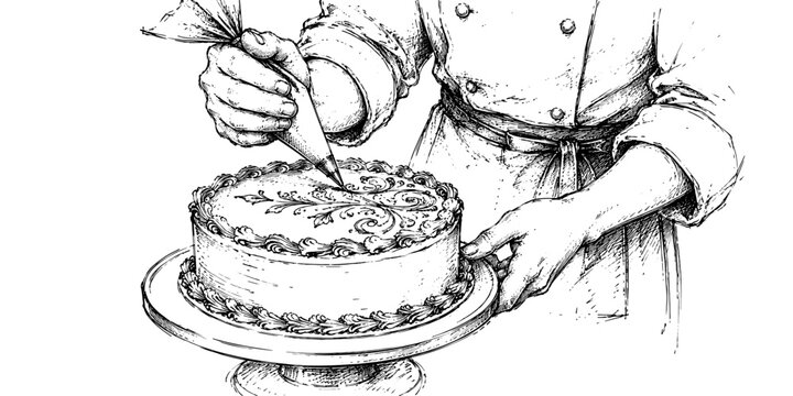 Artistic culinary illustration capturing a pastry chef carefully decorating an elegant cake, highlighting baking craftsmanship, dessert presentation, creativity, and professional kitchen work.
