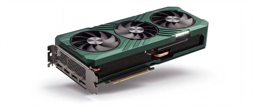 Graphics card with triple cooling fans in metallic green casing isolated on white background, showing heatsink and display ports for gaming pc build and hardware rendering