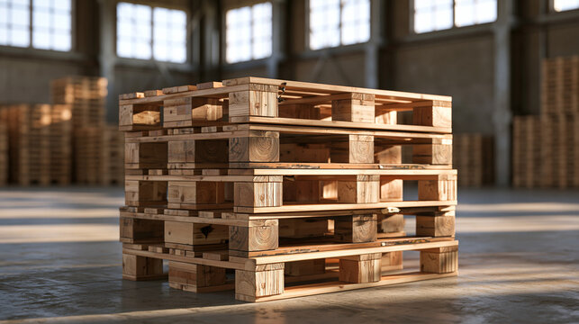 A stack of wooden pallets sits in the center of a large, empty warehouse illuminated by natural light. Logistics concept for supply chain and manufacturing ads.