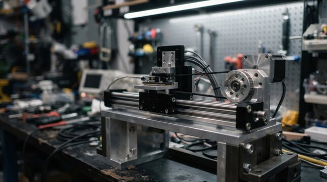 Precision robotics setup with belt-driven linear actuator, guide rails, machined pulleys, and aluminum brackets on a test jig