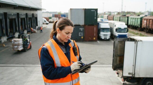 Logistics coordinator stands at a cross border freight hub with tractor trailers, containers, warehouse dock, rail cars, and cargo markings.
