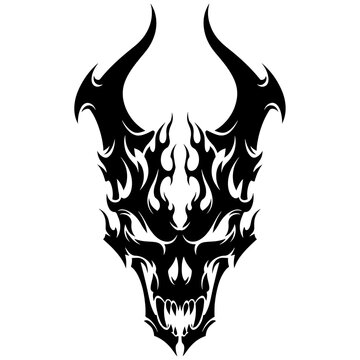 Stylized Demon Skull with Horns and Flames Isolated
