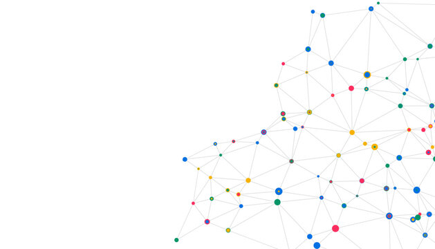 Colorful interconnected dots and lines forming a modern abstract network on white