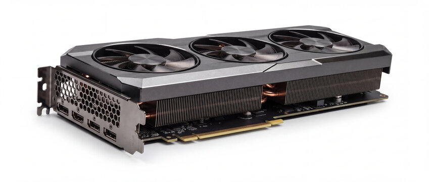 Graphics card with triple cooling fans and metallic heatsink isolated on white background, modern computer hardware component for gaming pc build and digital rendering workstation