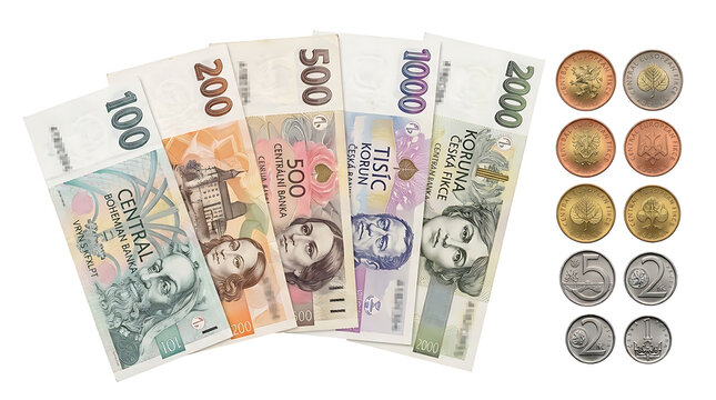 Set of Czech Koruna Banknotes and Coins Isolated on White Background