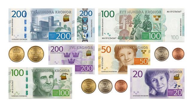 Swedish krona currency banknotes and coins collection isolated on white background